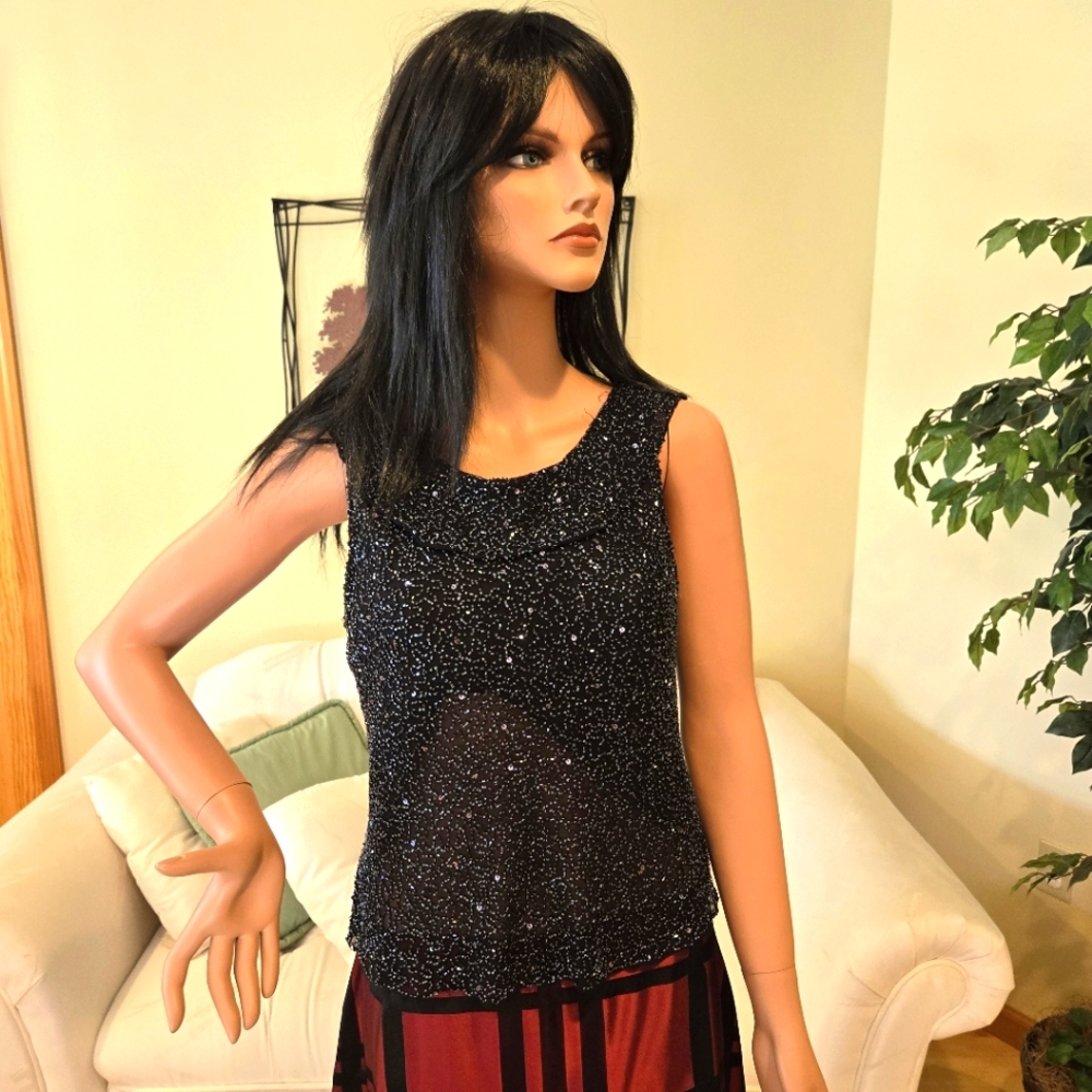 NWOT, Scala Black Beaded Silk Top with Ruffle, Formal, Party, Holiday, Size L